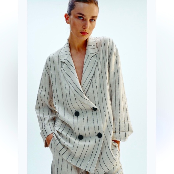 Zara Sequined Striped Linen Double Breasted Blazer - Picture 1 of 11